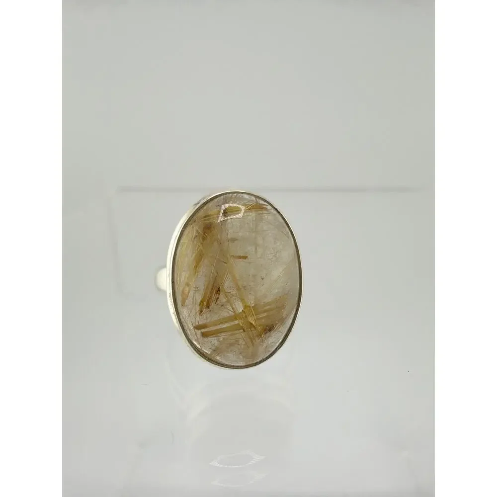 Oval Rutilated Quartz 925 Sterling Silver Statement Ring Size 7